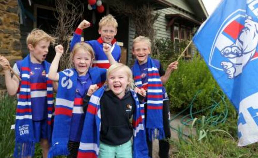 LOUD: Camperdown Bulldogs fans Ned, Maisie, Taj, Edie and Sonny are ready to cheer on their hometown hero and favourite Bulldog Easton Wood in what is a big game for all western Victoria. Picture: Rob Gunstone