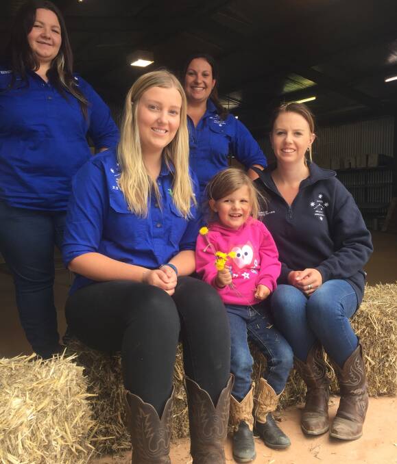 Bootscooting babies: Jenny Crawford and Nikki Georgiou (back), Darcie Seers, Isabella Kampman and Stacey Corney (front) ready for the woolshed dance at Clunes Showgrounds. Picture: Amber Wilson