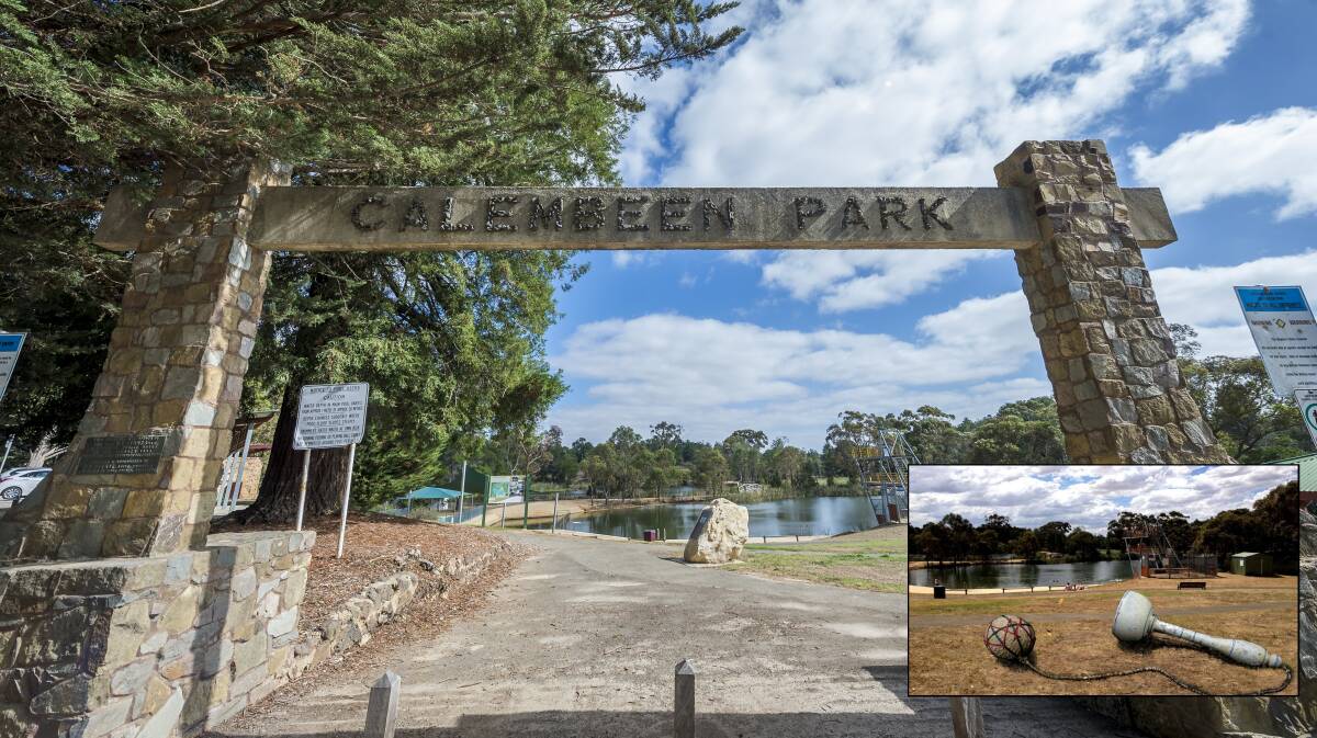 Picturesque: The Calembeen Park entrance, with the sculpture art plans inset. Picture: Dylan Burns