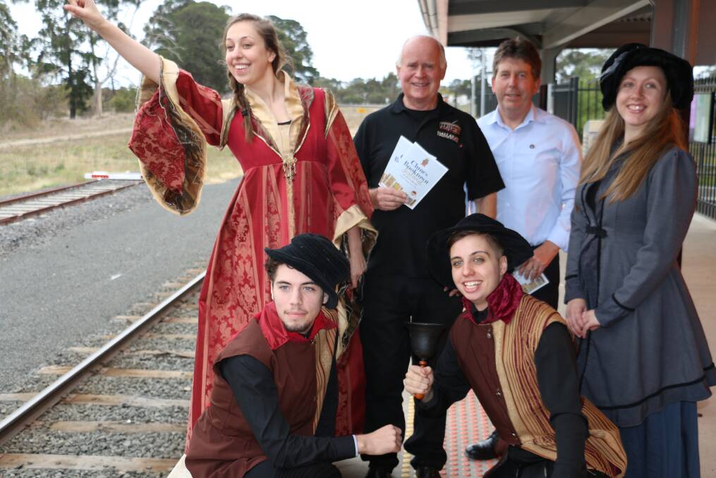 Hear ye: Laura Majzoub, Jesse Calvert, V/Line's Peter Gibson, Anthony Miscamble, Creative Clunes' Richard Gilbert and Bonnie Ryan-Rowe ready for this weekend's Clunes Booktown festival.