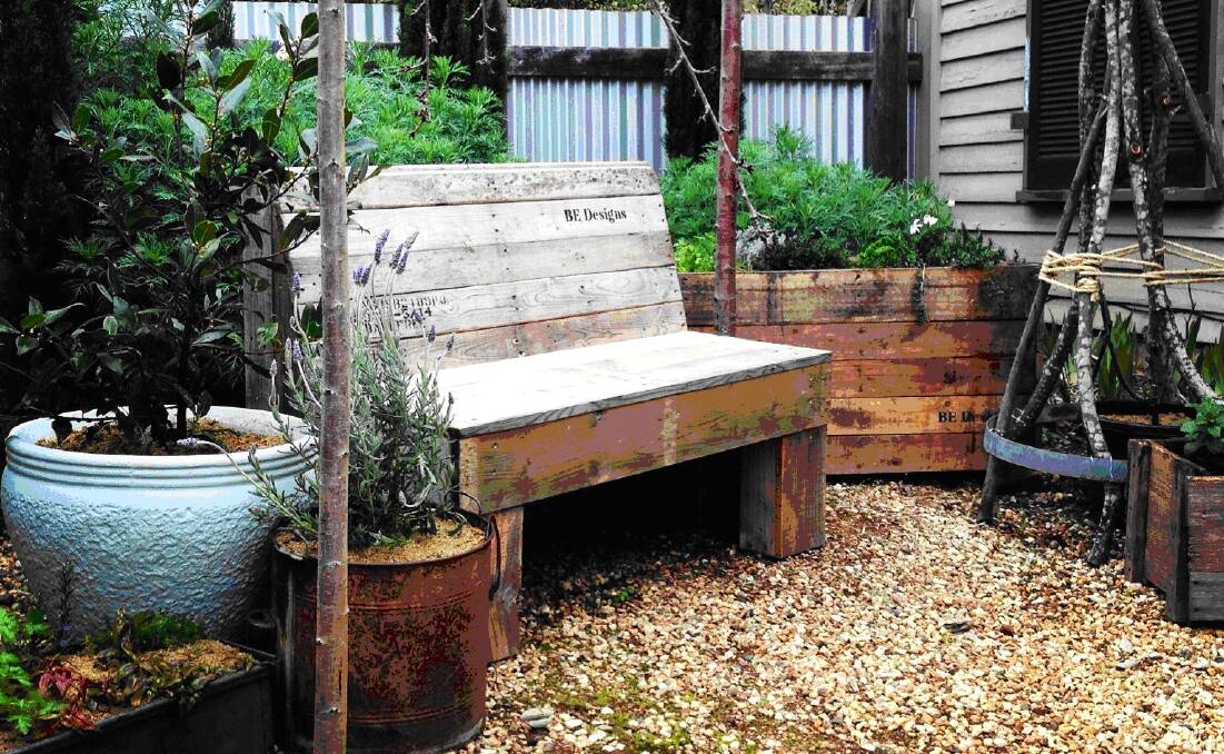 TRANSFORMATION: Upcycling, recycling and re-using materials resulted in an edible and transportable little garden for EKO Skin Care Spa in Daylesford.