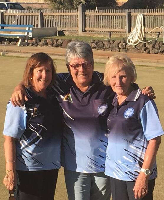 CLUB CHAMPIONS 1: Clunes Bowling Club's Jenny Cameron (The Marker),  Maxine  Baird  and  club champion     Eileen Spong.