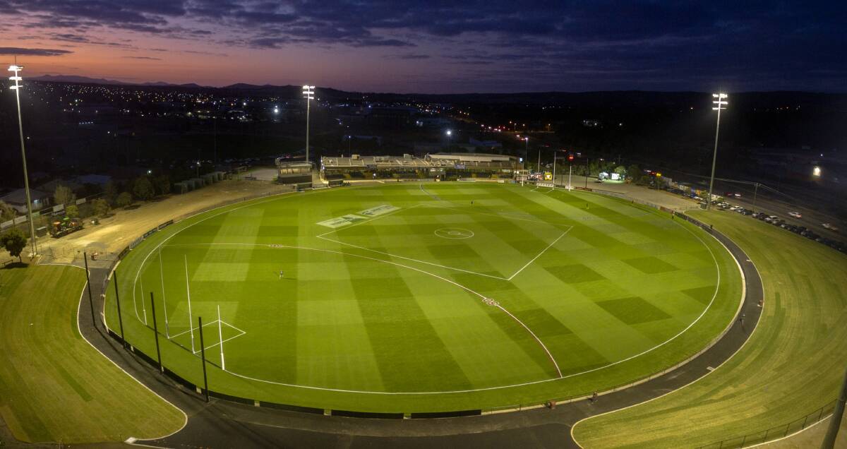 WHAT A VIEW: The newly-redeveloped Eureka Stadium lit up for last Friday night's clash between North Ballarat Roosters and Geelong. Picture: Luke Parker - Skyline Drone Imaging.