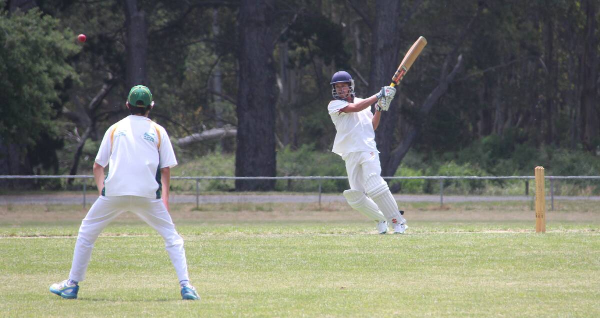 TOP SHOT: Trentham A-Reserve batsman, Isaac Jennings, plays another big shot on his way to 63 against Guildford on Saturday at Trentham.  Picture: Josephine Reid