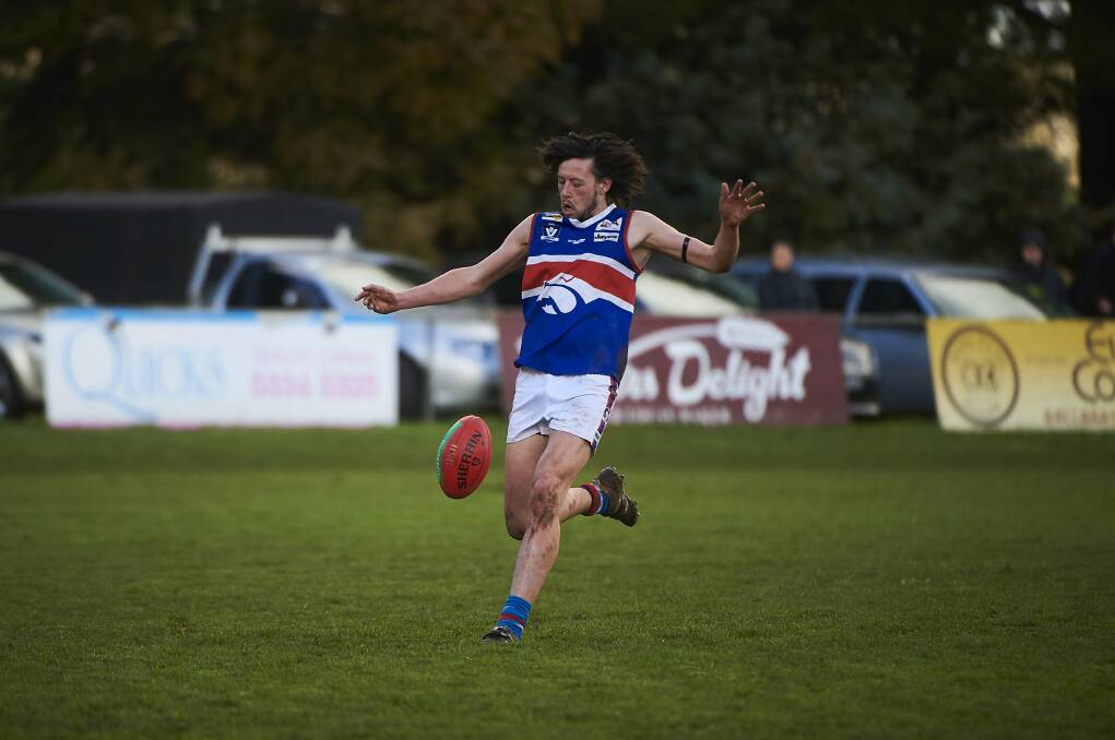 ON THE BALL: Daylesford's Sam Winnard prepares to kick the ball during the match against Bungaree. Picture: Luka Kauzlaric
