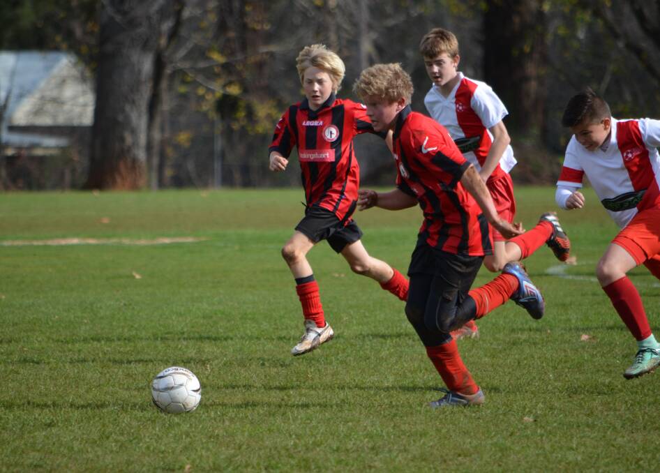 ON THE BALL: Daylesford and Ballarat White U13s chase down the soccer ball during Sunday's match.