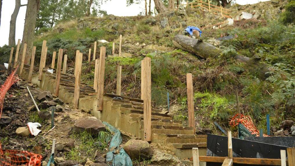 The new staircase at Sailors Falls during construction in May.  Picture: Dylan Burns.