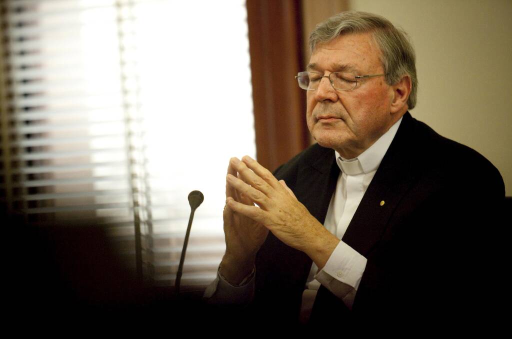 Investigation: Cardinal George Pell appears before the Parliamentary enquiry into child sex abuse and the Catholic Church at the Victorian Parliament, Melbourne. Picture: Arsineh Houspian. 