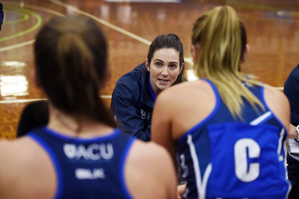 BUILDING: Sovereigns championship division coach Joh Curran addresses her side. She will be hoping to execute the gameplan as it did last week to ensure back-to-back VNL victories. Picture: Kate Healy