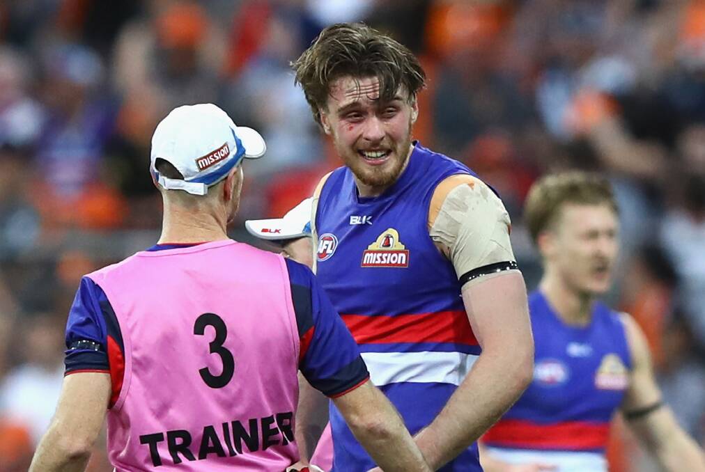 DAZED: Jordan Roughead looks a little worse for wear after being struck by the football in Saturday's win over GWS Giants.