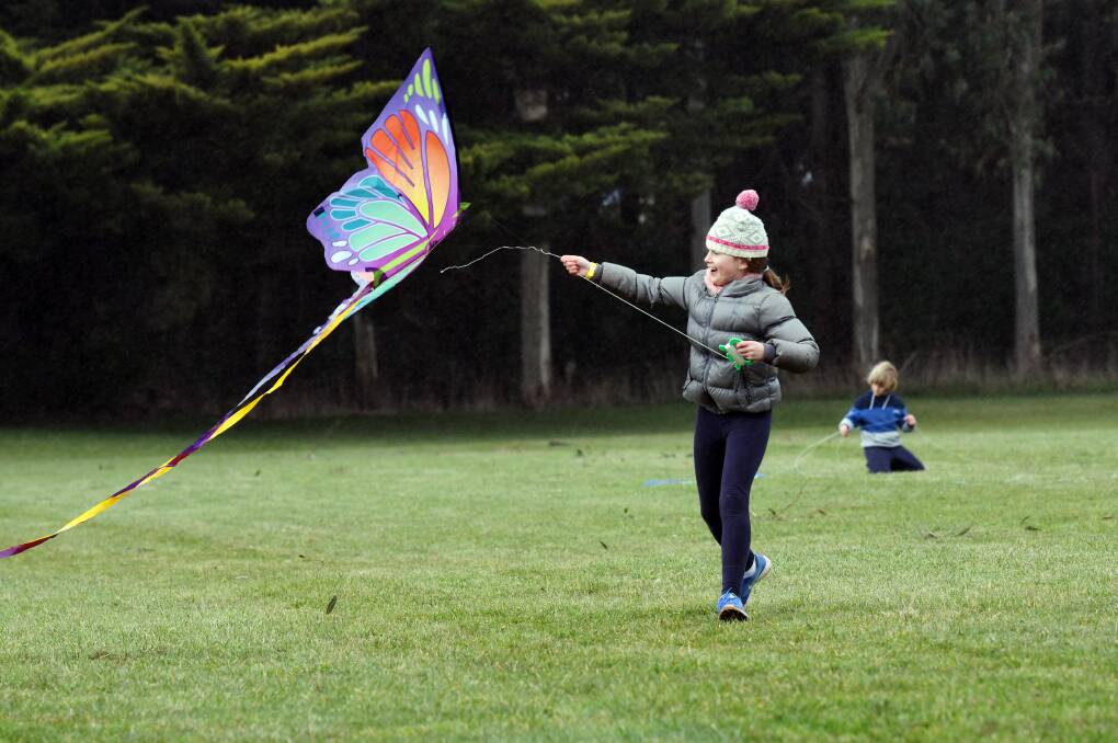 FLYING HIGH: Mia, 10, from Drysdale has a wonderful time during a family day out at the Dean Kite Festival on Sunday. Picture: Kate Healy