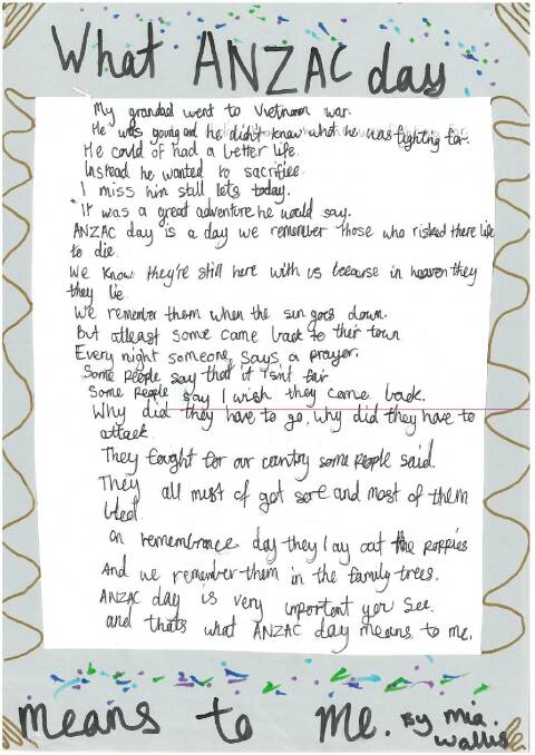 WORDS TO REMEMBER: Grade 5 student Mia Wallis' winning poem. 