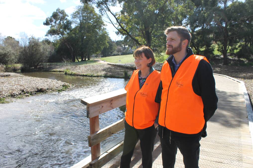 Macedon MP Mary-Anne Thomas and Hepburn Shire Council mayor Sebastian Klein at Lake Daylesford for the announcement of the Mineral Springs Feasibility, Business Case and Master Plan Project on Friday. Picture: Rochelle Kirkham. 