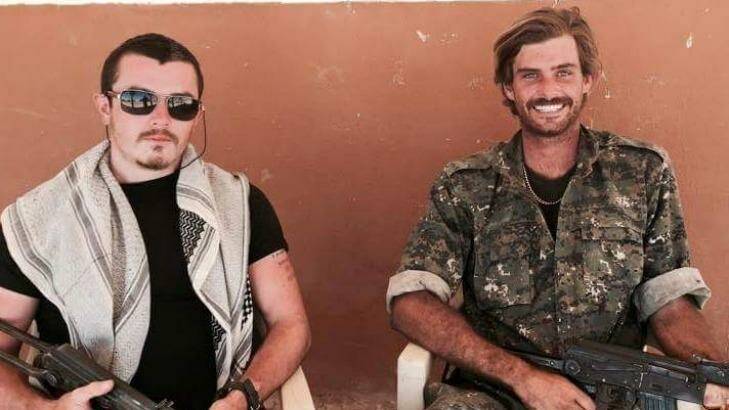 Brisbane man Ashley Dyball, left, has paid tribute to fellow Australian Reece Harding, right, who was killed fighting IS in the same Kurdish militia group in Syria.  Photo: Facebook