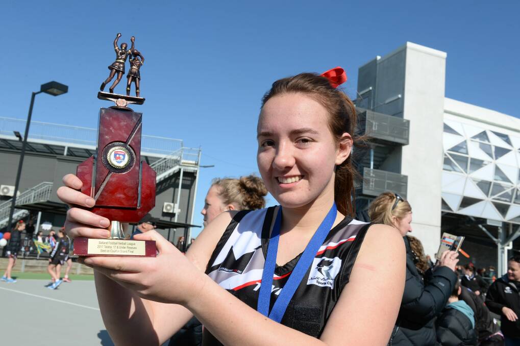 North Ballarat's Laetitia Lees with her best on court trophy. Picture: Kate Healy