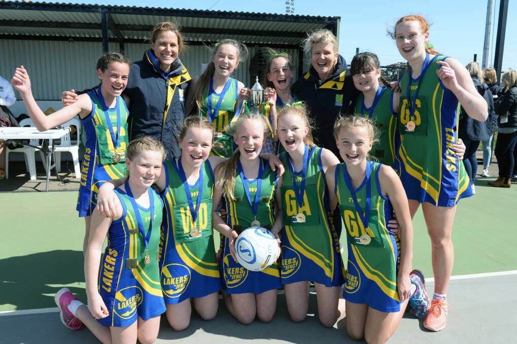Lake Wendouree celebrates the premiership in the 13/under senior netball grand final. Picture: Kate Healy
