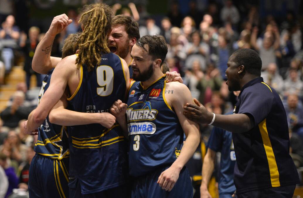 Sam Short, Craig Moller, Cameron McCallum and Peter Hooley celebrate the win during the 2017 Men's SEABL semi final. Picture: Dylan Burns 