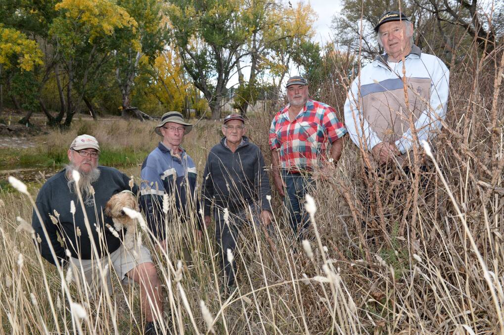 Disheartened: Clunes residents Mark Byrnes holding Abby, David Coleman, John Millar, Barry Goldsmith and Brian Hislop are concerned that the Creswick Creek will flood again if the waterway is not cleared. PICTURE: KATE HEALY