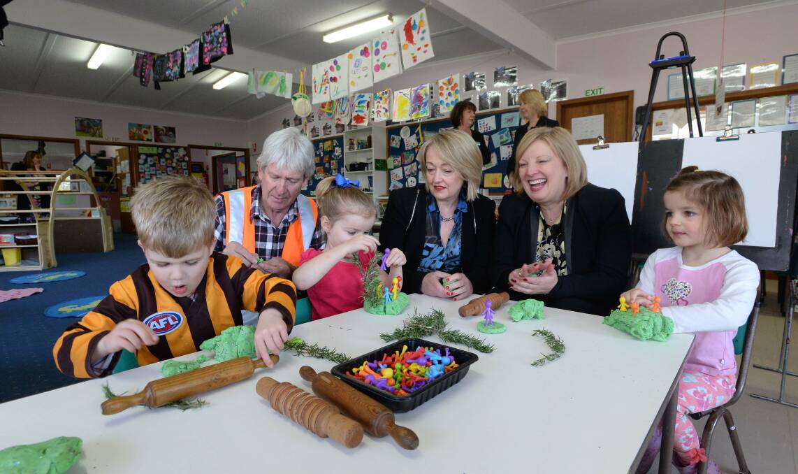 LEARNING: Fletcher Martin, Mayor  of Hepburn Shire Don Henderson, Emmerson Beaston, Liberal candidate for Ripon Louise Staley, Wendy Lovell MLC and Bethany Toose. Ms Lovell was at the Creswick kindergarten to announce almost $10,000 in funding. Pictures:  Jim Aldersey.