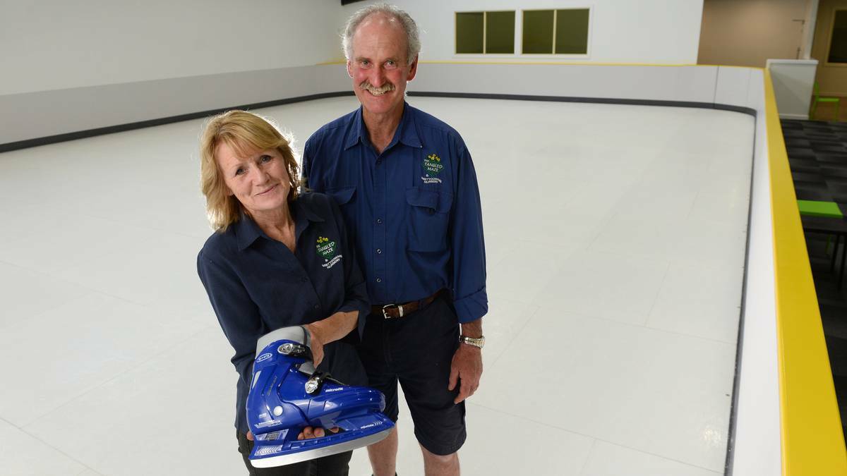 Tangled Maze owners Judy and Noel Morrison inside the adventure garden’s new ice rink. PICTURE: ADAM TRAFFORD 