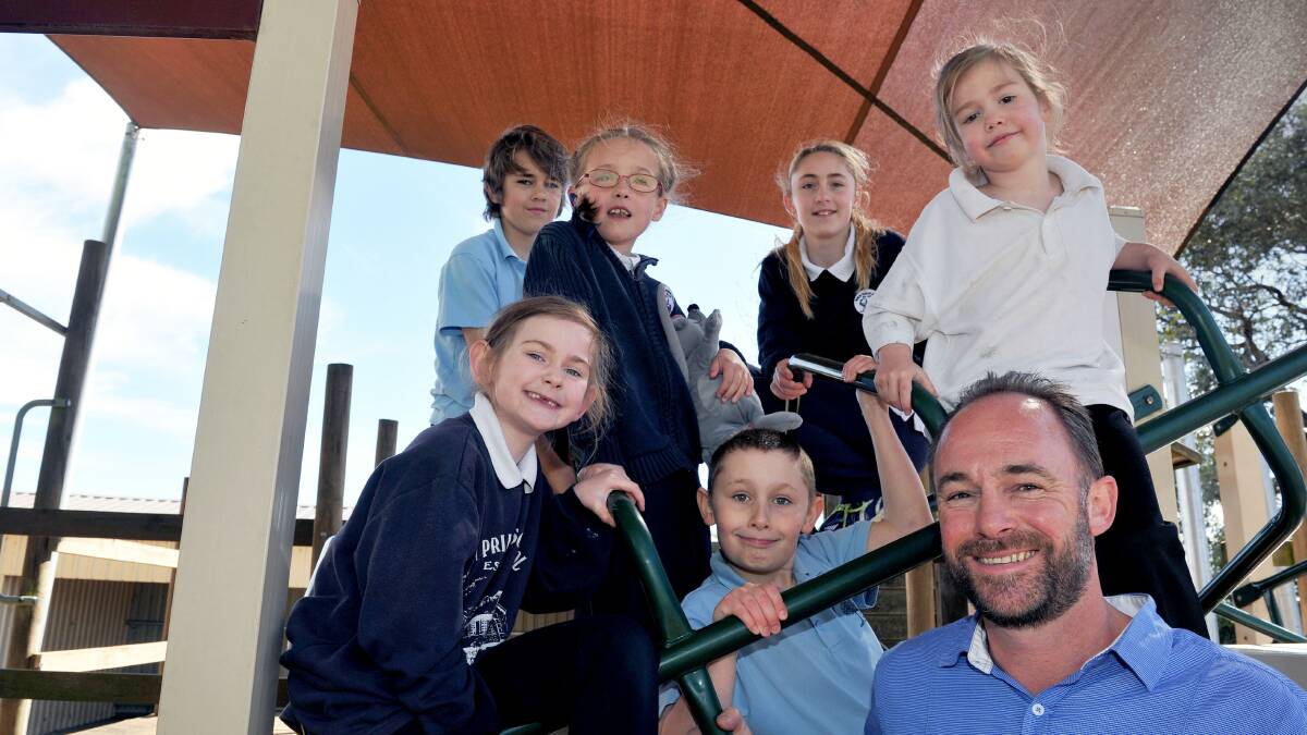 Newlyn Primary School's new principal  Anthony Tait with pupils Jack, Lorelai, Jessica, Meaghan and (front) Kaylea and Maynard. Picture: JULIE HOUGH