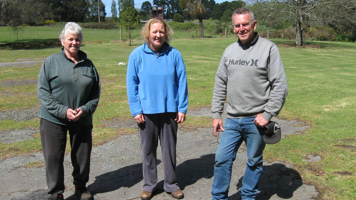 Bullarto Community Planning Group committee members L-R Marg Botheras, Naomi Botheras and Gary McIntosh on the old Bullarto tennis court.
