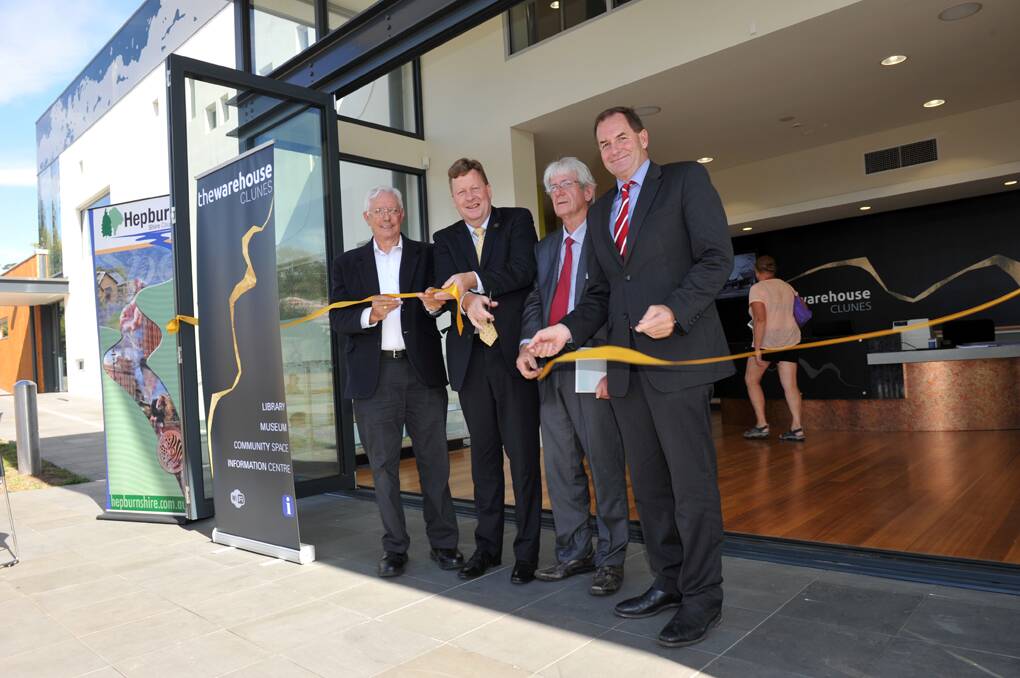 Minister Michael Donaldson cuts the ribbon to officially open the centre, flanked by (from left) Graeme Atkinson (chair of the Dja Dja Wuring Clans Aboriginal Corp.) Cr Don Henderson ( Mayor of the Hepburn Shire) and Simon Ramsay MP (Member for Western Victoria)

Picture: JULIE HOUGH
