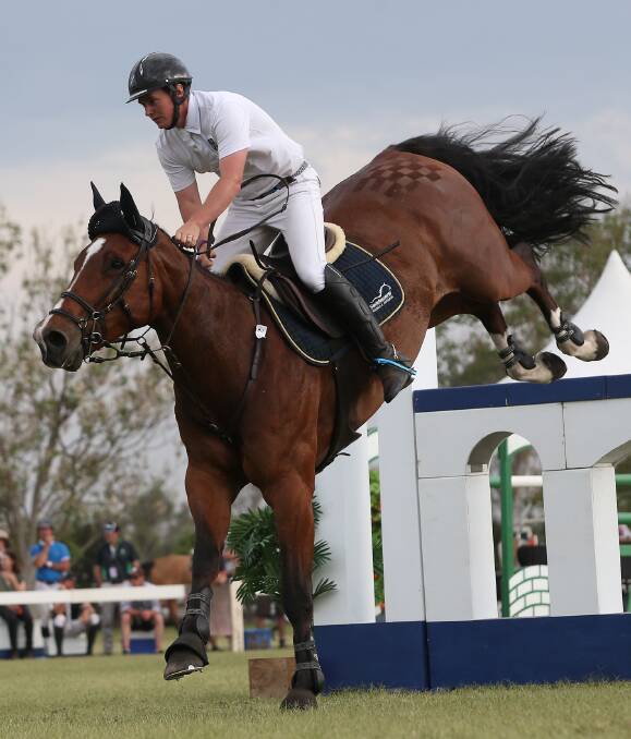TOWARD GOLD: Clunes star Steven Hill pictured on Yalambi at an equestrian event late in 2015 at the Sydney Polo Club Richmond.