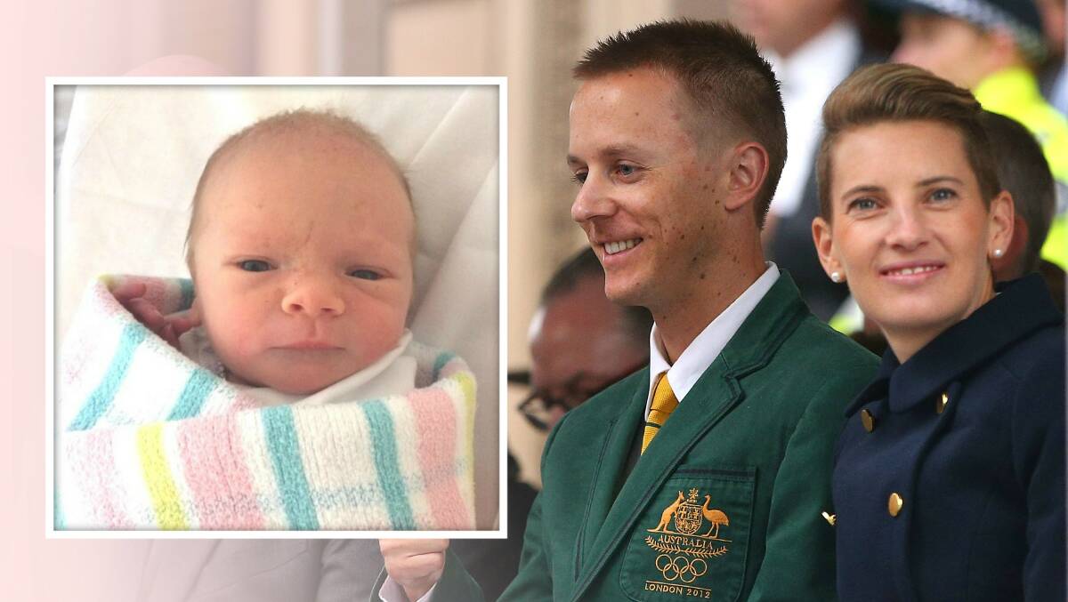 CELEBRATION: Ballarat's Jared Tallent and wife Claire, also an Olympic race walker, have had a big year celebrating Jared's gold medal and (inset) the birth of their first son Harvey. Pictures: Getty Images, Athletics Australia
