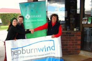 SHARE's Kerry Carman and Hanne Clermont receive a community grant cheque from Hepburn Wind.