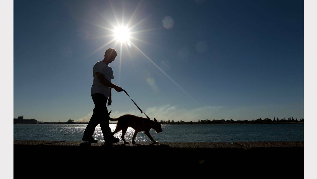 NEWCASTLE: Jason Macey and Jack the dog stroll on Newcastle Foreshore during the warm weather the city is experiencing. Picture: Jonathan Carroll