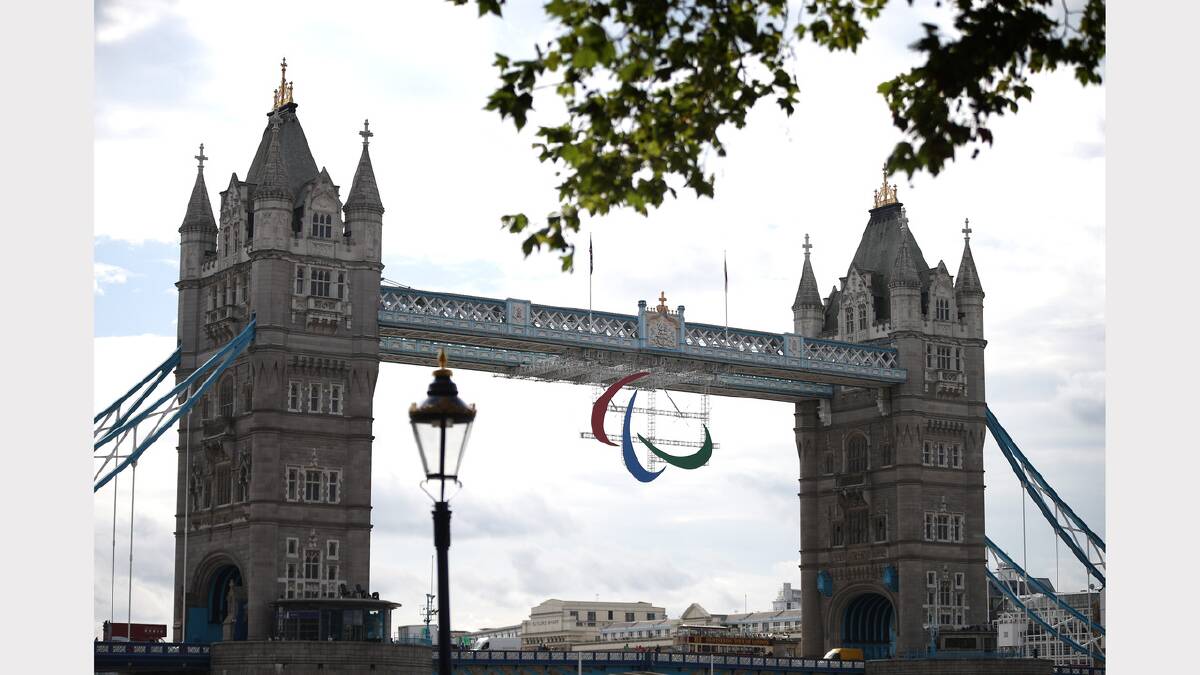The Agitos Symbol of the Paralympics is suspended from Tower Bridge in London.  Photo:  Peter Macdiarmid/Getty Images