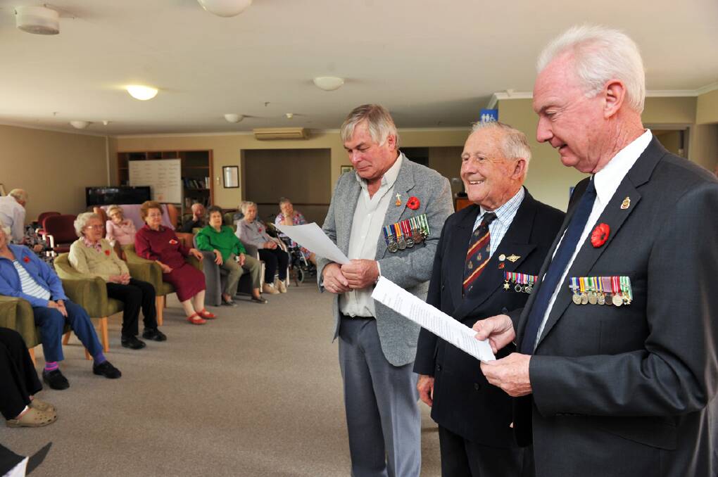Remembrance Day Service at Trentham Aged Care Facility,-R Rob Renton, Jack Willmott and Mike Gretton from Kyneton RSL delivered the service. : JULIE HOUGH