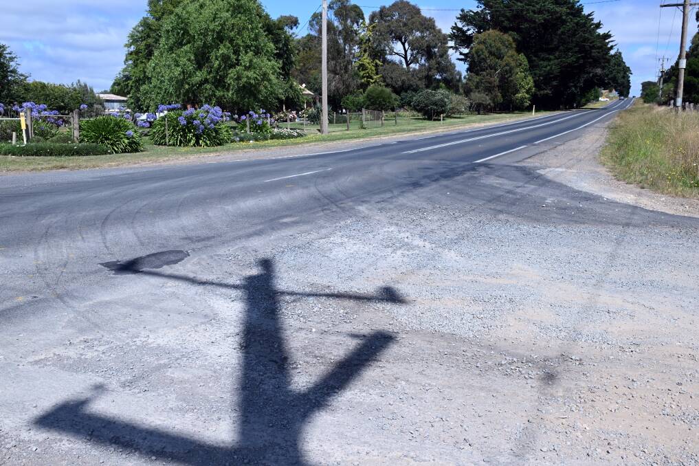 Drivers turning onto Ballarat-Carngham Road from Finchs Road have to navigate potholes at the intersection. Picture by Kate Healy