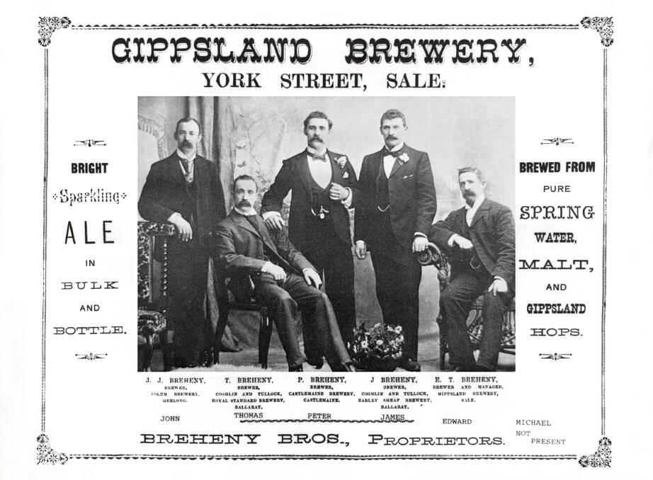 An early ad for the Sale brewery's sparkling ale features James Patrick, second from right.