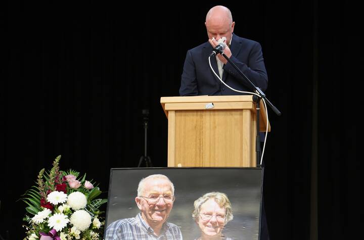 Simon Patterson, Erin Patterson's ex, delivers a touching speech about his parents Don and Gail at their public memorial. Picture AAP