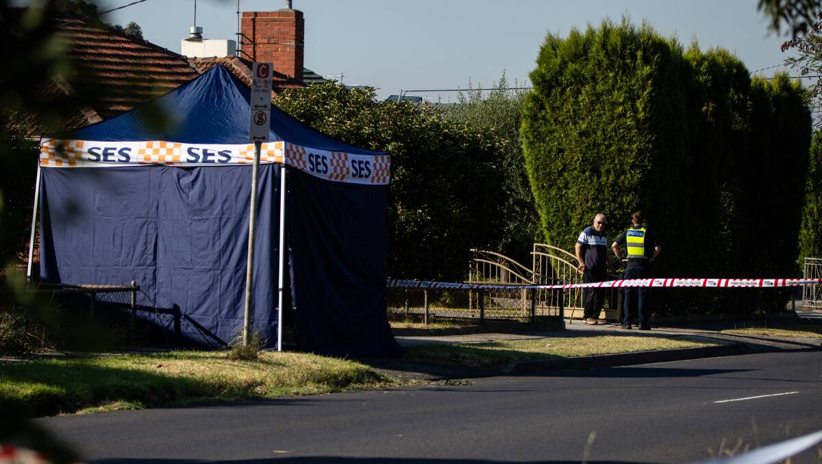 Emergency services on Albert St in Preston where a man's body was found on March 18. Picture by AAP Image/Diego Fedele