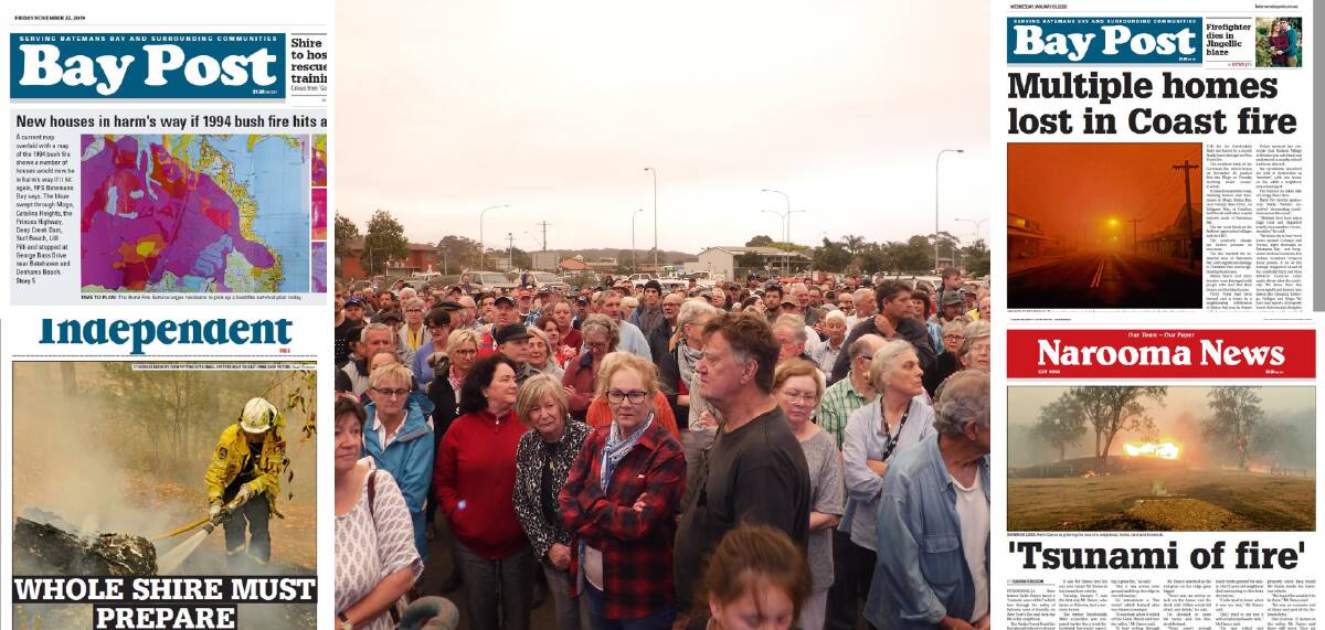 COVER STORIES: The Eurobodalla Shire was under threat from November to Autumn. On New Year's Eve thousands thronged the Narooma Evacuation Centre ... and gave thanks when the wind turned in their favour. Picture: Maggie Havu.