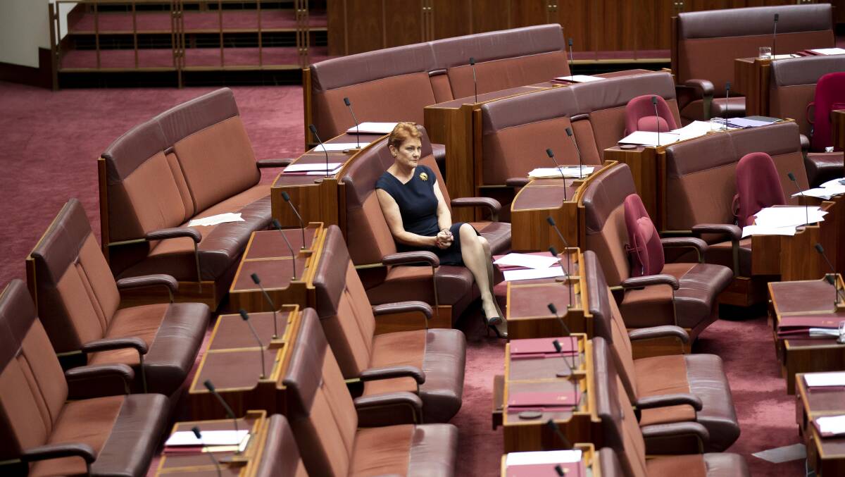 Pauline Hanson sits in the Senate Chamber at Parliament House. Picture: Sitthixay Ditthavong