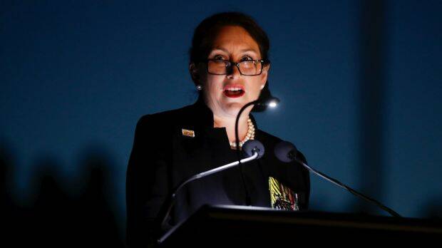 Retired Colonel Susan Neuhaus delivers the dawn service address at the Australian War Memorial. Photo: Alex Ellinghausen

