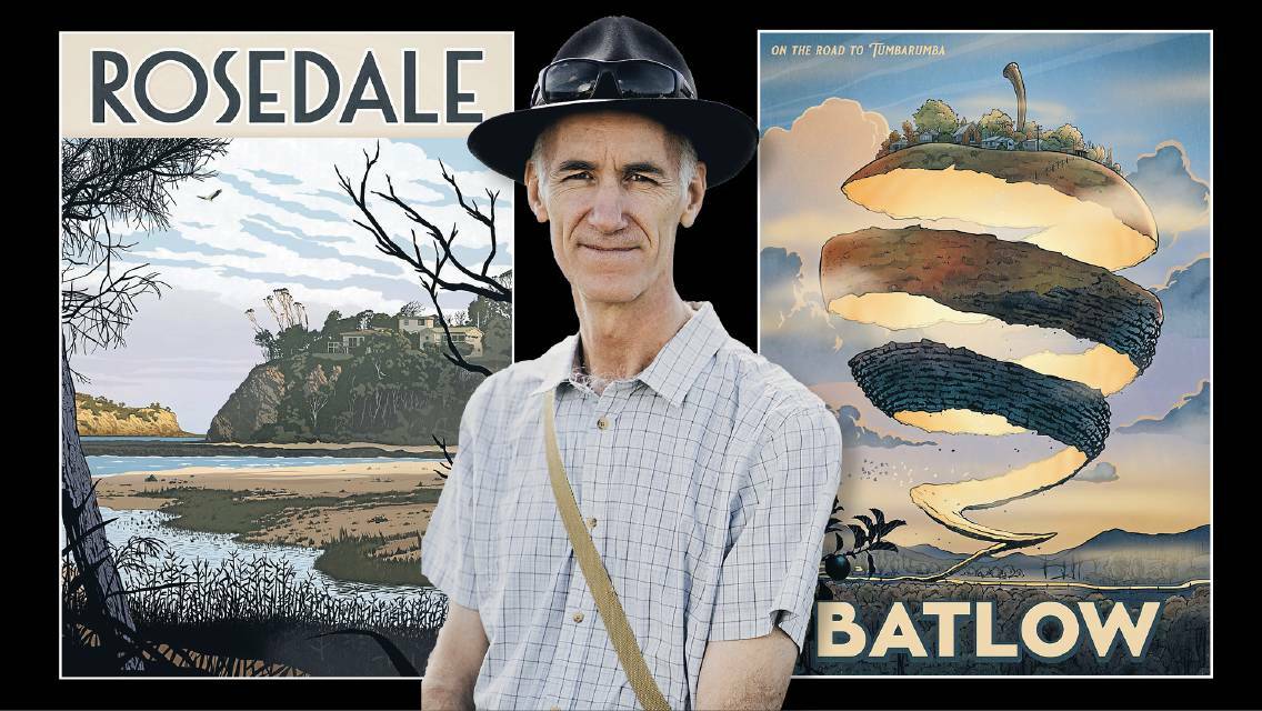Cartoonist David Pope with his two new bushfire recovery posters featuring Rosedale and Batlow.
