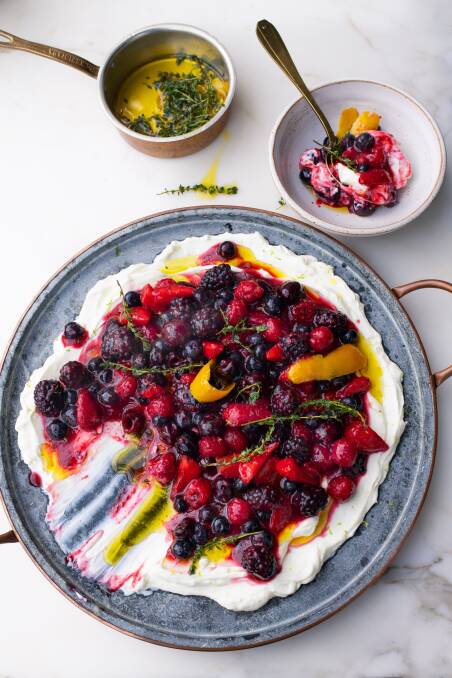 Berry platter with sheep's labneh and orange oil. Picture: Jonathon Lovekin