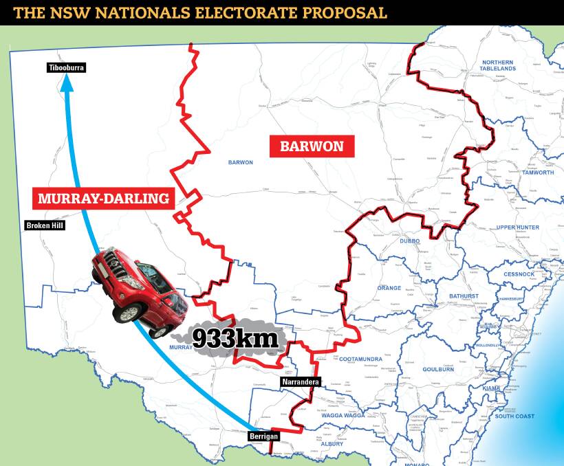 The NSW National Party has proposed the seat of Murray be replaced by a new 'Murray-Darling' electorate to more equally distribute land mass. However, there are 933km between Tibooburra and Berrigan, both in the proposed seat. 