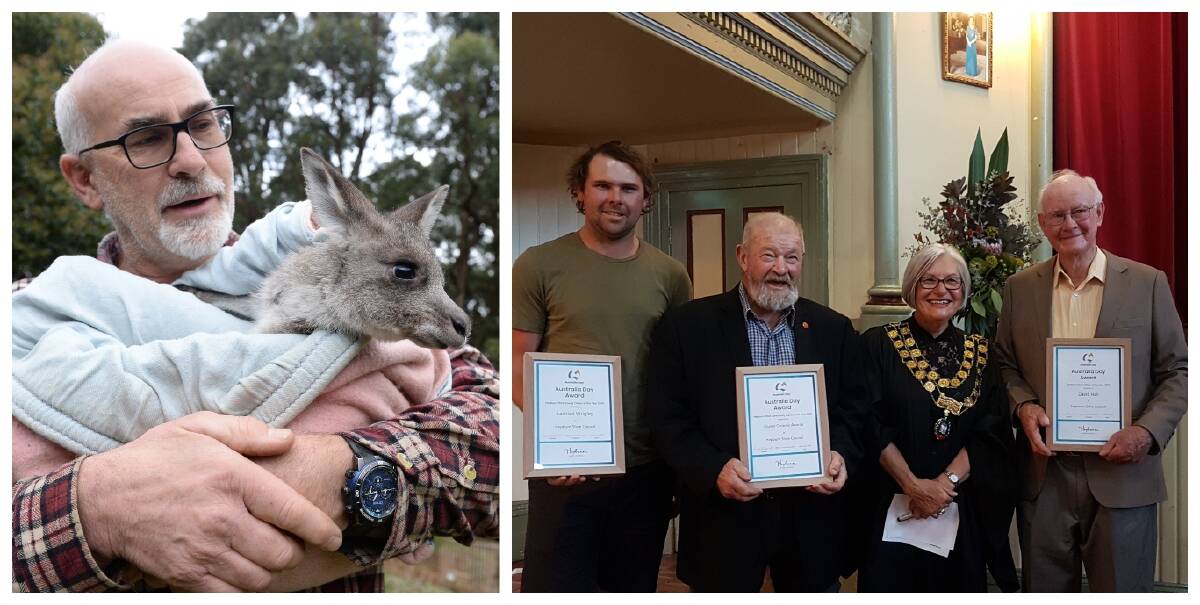 HONORS: Manfred Zabinskas (left) and Hepburn Shire mayor Licia Kokocinski with young citizen of the year Lachlan Wrigley, Clunes Ceramic's Graeme Johnstone (community event of year) and citizen of the year David Hall.