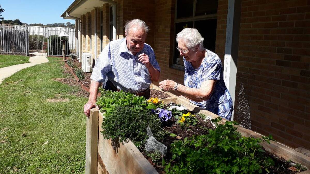HOME SWEET HOME: Ron and his wife Coral have been tending to the garden bed outside their window at the Trentham Nursing Home since they moved in two months ago.

