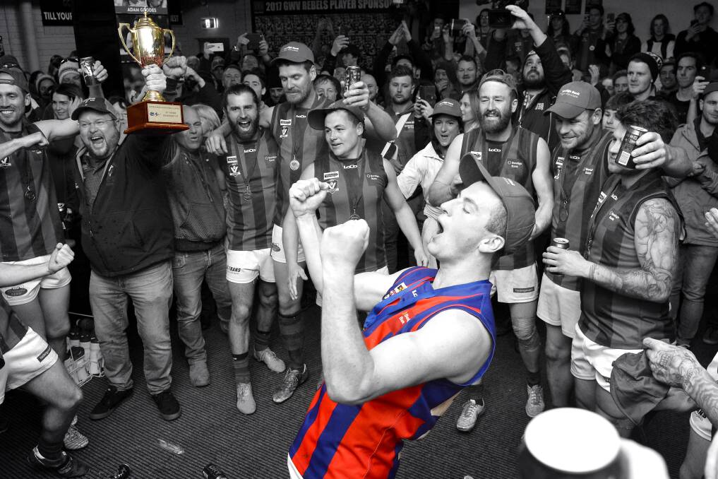 CELEBRATIONS: Hepburn Burras sing their club song after winning the 2017 CHFL seniors grand final match against Beaufort Crows. Picture: Dylan Burns