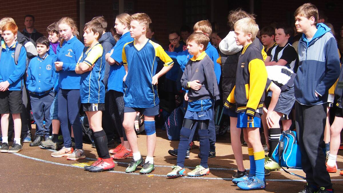 ALL LINED UP: Pupils from the Goldfields cluster of schools prepare to take part in the winter sports day at St Michael's Primary School.