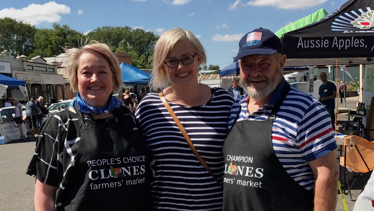 Learning: Ripon MP Louise Staley, Zumbos Just Desserts winner Kate Ferguson and Clunes local Graeme Johnstone at the Clunes Farmers Market's Grow Eat Love series.  
