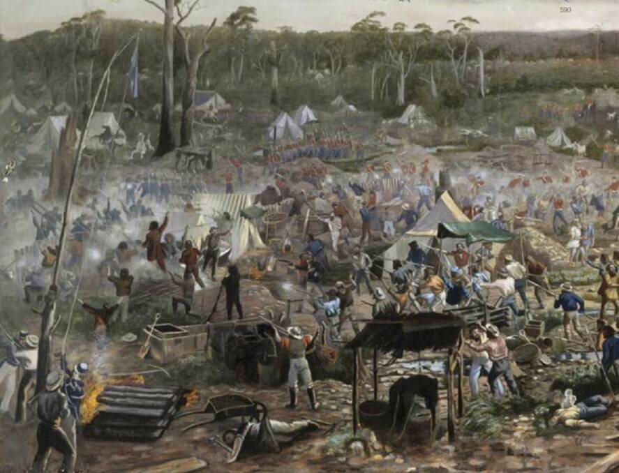 Brief and bloody: an impression of the Eureka Stockade battle. In actuality the troops stormed the camp in darkness, between 3am and 4am. They delivered two volleys of fire and then charged.