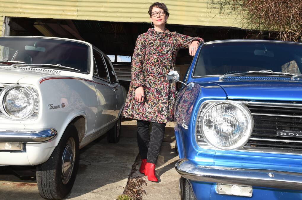 Childhood favourites: Pia Sims with her two HB Holden Toranas. Picture: Kate Healy.
